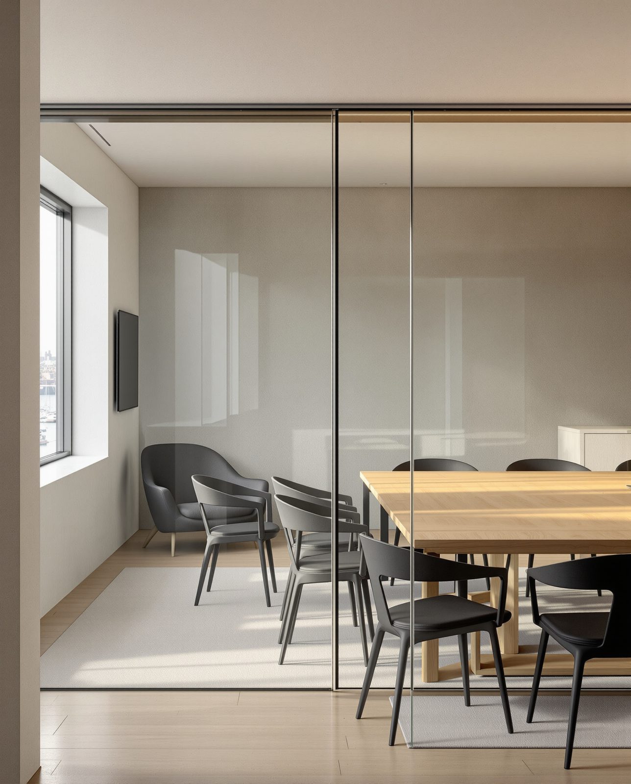 Watercolour of a meeting room behind a glass partition