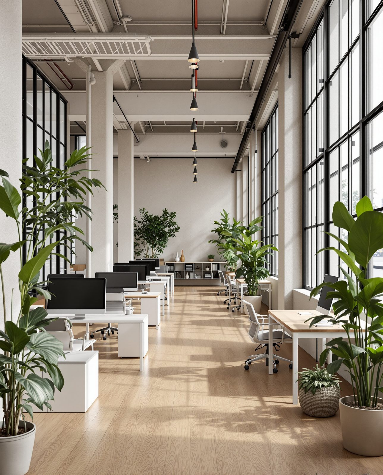 Watercolour of an open-plan office in a harbour warehouse