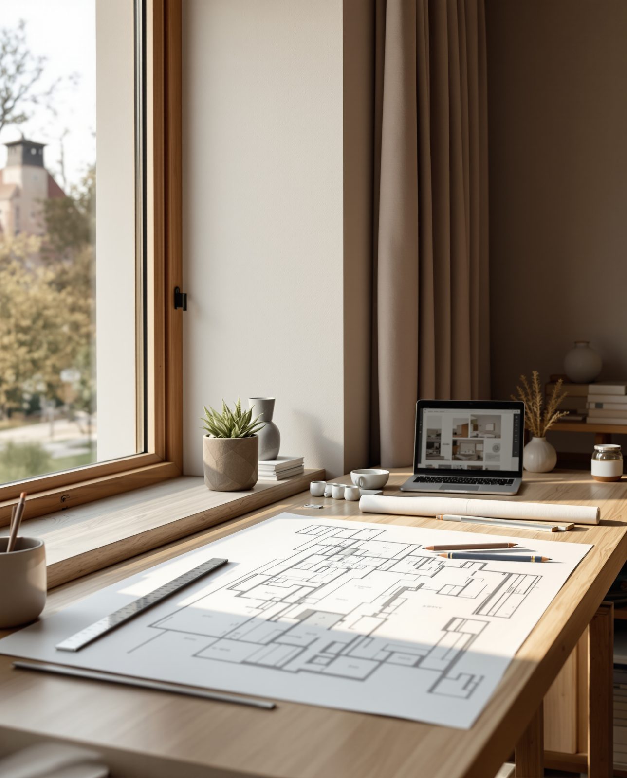 Watercolour of an architect's studio with a drafting table